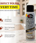 Granite Polish Spray For Stone Surfaces 18oz Can on kitchen countertop with text highlighting features