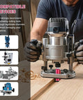 Heavy Duty Straight Router Bit Featuring Heat Treated Tungsten Carbide Blades No Sweat Cutting Action in use cutting wood.