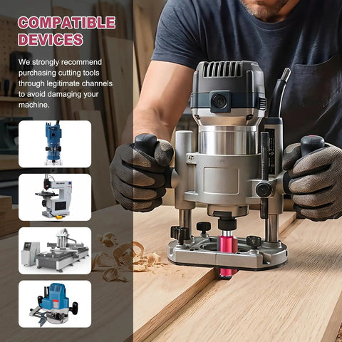 Heavy Duty Straight Router Bit Featuring Heat Treated Tungsten Carbide Blades No Sweat Cutting Action in use cutting wood.