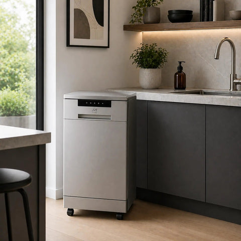 Sick 18 Inch Portable Dishwasher With Energy Star Certified Savings And Genuine Stainless Steel Interior in a modern kitchen.