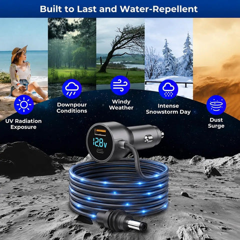 Highway Hero Three In One Car Power Cable For Starlink Mini, featuring blue LED and USB ports on a scenic background.