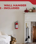 Multipurpose Fire Extinguisher For Home Office Dorm And Residential Use 3A40BC Beefed Up All Metal Construction With Rust Resistant Valve 12 Year Service Free Design Delivers 3X Firefighting Power For Trash Wood Paper Liquids And Electrical Fires shown mounted on living room wall.