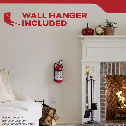 Multipurpose Fire Extinguisher For Home Office Dorm And Residential Use 3A40BC Beefed Up All Metal Construction With Rust Resistant Valve 12 Year Service Free Design Delivers 3X Firefighting Power For Trash Wood Paper Liquids And Electrical Fires shown mounted on living room wall.