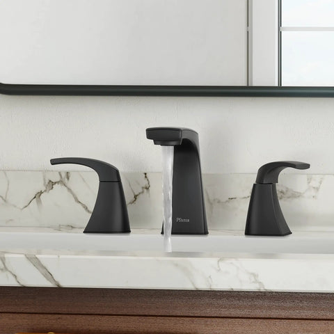 Widespread Bathroom Sink Faucet With Matte Black Finish, 8 Inch Centers, Dual Handle, 3 Hole Deck Mount, running water
