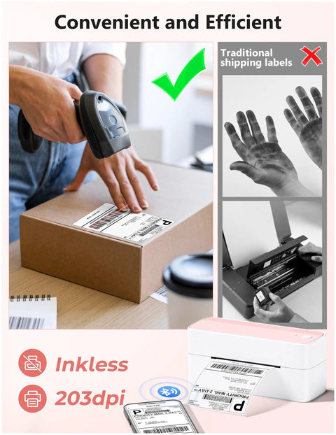 Bluetooth Thermal Label Printer For 4x6 Shipping Labels, Wireless, Small Biz Ready, Pink Color, Works With iPhone Android