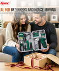 Couple with 4V Cordless Electric Screwdriver Kit With USB Rechargeable Battery, 42 Piece DIY set in green portable case on sofa