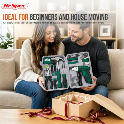 Couple with 4V Cordless Electric Screwdriver Kit With USB Rechargeable Battery, 42 Piece DIY set in green portable case on sofa