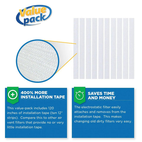 Premium Air Vent Filters For Home And AC Kit with installation tape, showing electrostatic filter design and benefits.