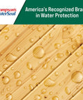 Top Shelf Exterior Wood Sealant For Concrete Brick And Masonry Waterproofing One Gallon Dries Clear on wood with water droplets.