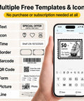 Awesome Bluetooth Label Maker Machine Printing On White Color Clear Thermal Labels With Tape For Home Business Organization Crisp Graphics No Ink Needed 2 Inch Wide Portable Handy Tech Gadget showing label templates on phone.