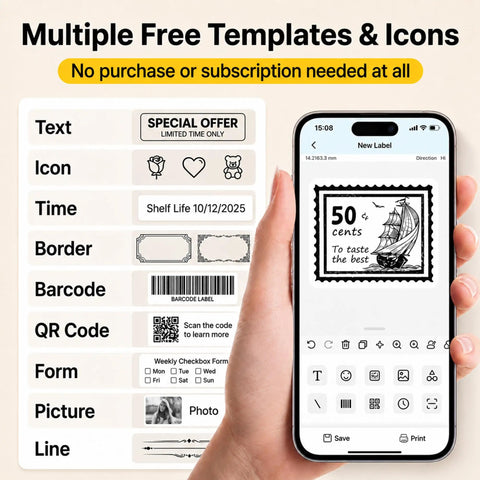 Awesome Bluetooth Label Maker Machine Printing On White Color Clear Thermal Labels With Tape For Home Business Organization Crisp Graphics No Ink Needed 2 Inch Wide Portable Handy Tech Gadget showing label templates on phone.
