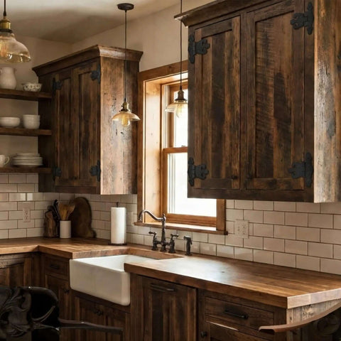 Rustic kitchen cabinets with Eight Pack 4.5 Inch Antique Cast Iron T Hinges, Heavy Duty Black Powder Coated Wrought Iron installed