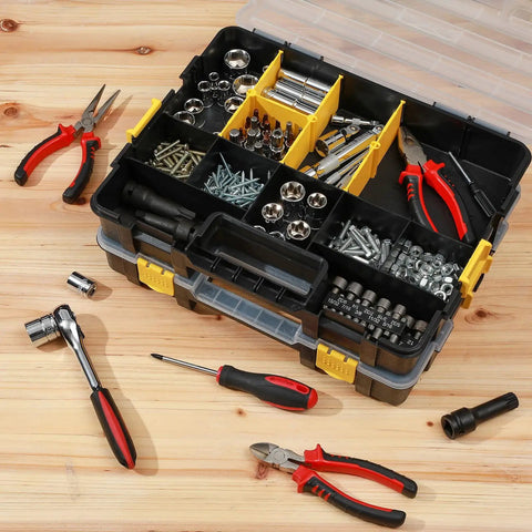 Stackable Plastic Toolbox Organizer Set of 2 Interlocking Design Clear Lids Grab and Go Compartments for Screws Nails Hardware