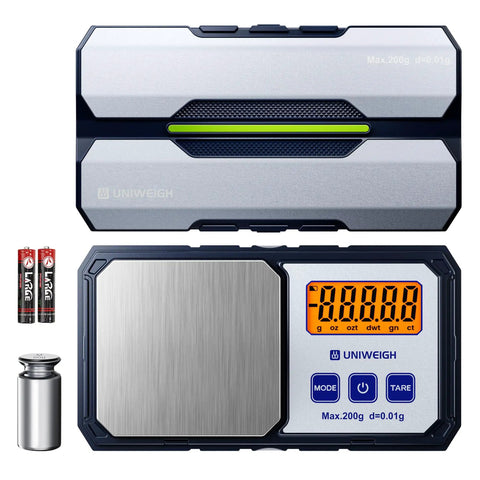 Pocket Gram Scale 200G 0.01G Precision With 6 Units shown with LCD display, batteries, weight, and detachable lid.
