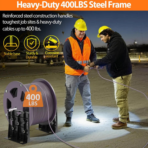 Heavy Duty Wire Dispenser Rack And Workstation For 34 Inch Reels, 400 Lb Pro Grade Steel Spool Holder showcased outdoors with two men