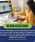 Person sitting at desk using design software on monitor with 'Design Assistance' text overlay.