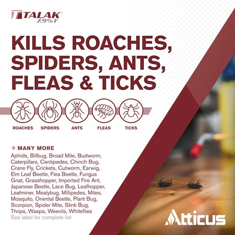 Talak 7.9 Percent Bifenthrin Insecticide Concentrate 96 Oz kills roaches, spiders, ants, fleas, ticks, image includes Atticus logo