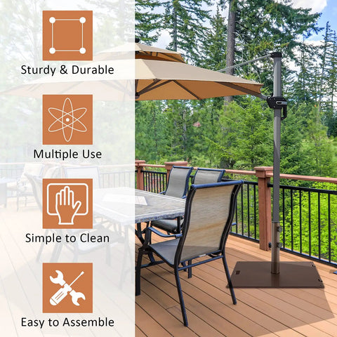 Heavy Duty 50 Lb Patio Umbrella Base Portable Outdoor Stand With 24 Inch Square Holder shown on a deck with table and chairs