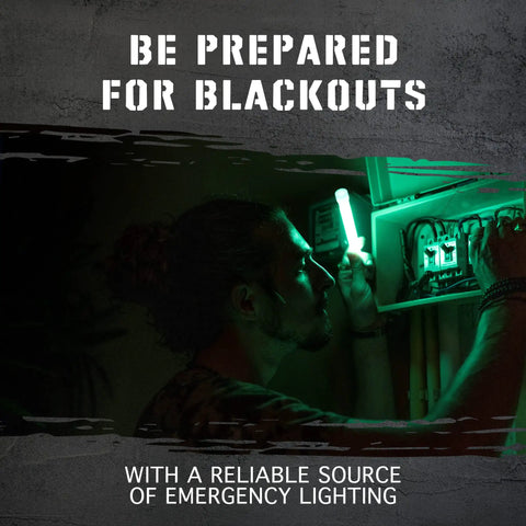 Person holding glow stick at electrical panel, illustrating 20 Pack Ultra Bright Emergency Glow Sticks Green For Survival Gear And Outdoor Prep Individually Wrapped Industrial Grade Perfect For Camping Lights Power Outages Military Use 12 Hour Continuous Glow