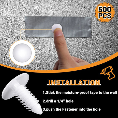 Top Notch Heavy Duty Christmas Fasteners And Vapor Barrier Clips In 1 Inch White, 500 nylon fasteners being installed in a wall.