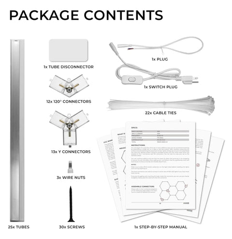 Package contents of Hex LED Modular Garage Lighting Kit For Auto Detailing With Booster Pack, 25 Tubes, connectors, manual