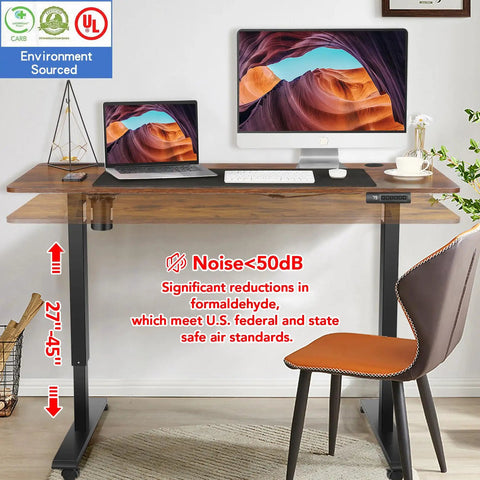 Farexon Electric Standing Desk Adjustable Height Black Brown Wood Grain Surface with dual monitors and ergonomic chair in home office setup.