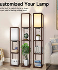 Three Floor Lamp With Shelves And LED USB Type C Ports Built In AC Outlet Three Color Temperatures Storage Display Walnut Wood