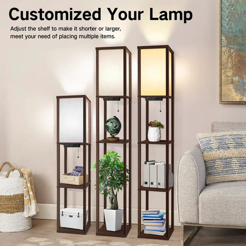 Three Floor Lamp With Shelves And LED USB Type C Ports Built In AC Outlet Three Color Temperatures Storage Display Walnut Wood
