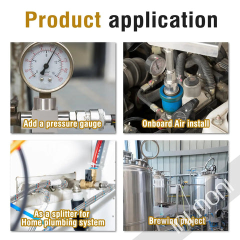 Industrial applications of Three Eighths NPT Stainless Steel Tee Fitting 304 High Pressure Pipe Tee, including plumbing and brewing.