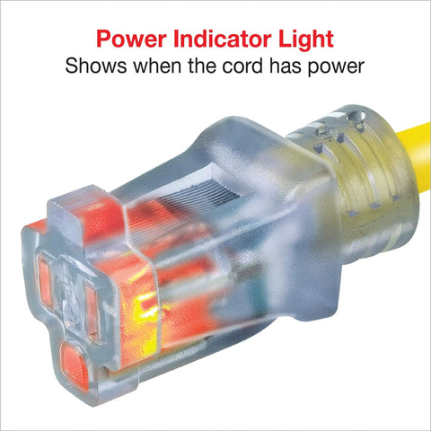 50 Ft 10/3 SJTOW Extra Heavy Duty Contractor Grade Extension Cord With Power Indicator Light, Oil Water Weather And Kink Resistant, Flame Retardant, Yellow, 3 Prong Grounded Plug For Outdoor Use CP10175