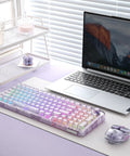 Smooth Wireless Mechanical Keyboard With Sleek Rotary Knob And Sick Tri Mode Sync For Effortless Multi Device Pairing Purple Crystal Switches, placed on a desk next to a laptop.