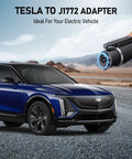 Plug And Go J1772 To Tesla Adapter Charges 80 Amp 240 Volt held near a blue SUV on a gravel road.