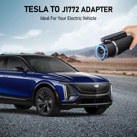 Plug And Go J1772 To Tesla Adapter Charges 80 Amp 240 Volt held near a blue SUV on a gravel road.