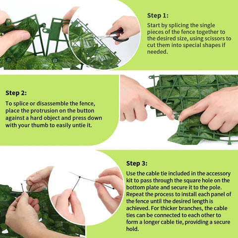 Instructions for assembling Artificial Ivy Privacy Fence Screen 39.4x118 Inches with 80 zip ties, showing steps and hands working.