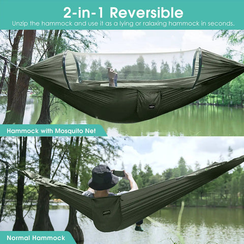 Two Person Pop Up Camping Hammock With Mosquito Net Lightweight Parachute Style Hanging Bed suspended between trees, reversible setup.