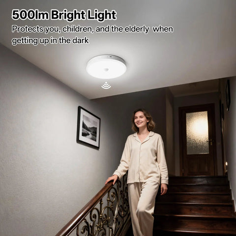 Rechargeable Ceiling Light With Motion Sensor And Remote 12000mAh Battery Powered Closet Light installed in staircase.