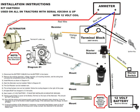 Installation instructions diagram for Heavy Duty Alternator Conversion Kit For Late Model Ford 8N Tractors with wiring details.