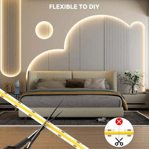 Ultra Bright 40ft COB LED Strip Lights 504 LEDs/m Warm White 3000K CRI90 Plus Flexible Tape in a bedroom setting