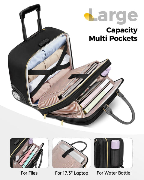 MATEIN rolling laptop briefcase, black fabric with large wheels, holds 17.3-inch laptop and files with multiple pockets