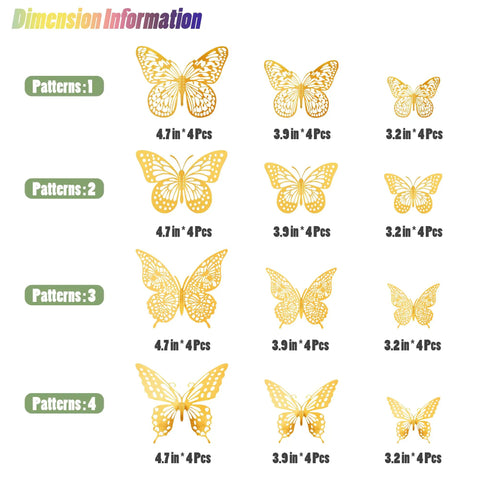 Gold 3D Butterfly Wall Decor Set With 48 Removable Stickers, 4 Styles in 3 Sizes, Dimension Chart