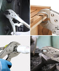 Heavy Duty Locking Pliers Set With Curved And Straight Jaws Includes Five Inch Seven Inch Ten Inch And Six And A Half Inch Pliers Built In Wire Cutter All Steel Forged Construction And Adjustable Grip For Slippage Free Hold in use on various surfaces
