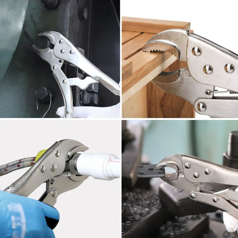 Heavy Duty Locking Pliers Set With Curved And Straight Jaws Includes Five Inch Seven Inch Ten Inch And Six And A Half Inch Pliers Built In Wire Cutter All Steel Forged Construction And Adjustable Grip For Slippage Free Hold in use on various surfaces