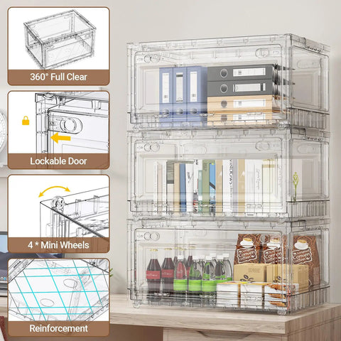 Premium Clear Storage Bins With Smooth Rolling Wheels, Foldable Closet Organizers For Home Office Or Garage, Stacking Drawers That Are A Total Game Changer, Hella Sturdy 4 Pack, showcasing stacked transparent storage bins with lockable doors.