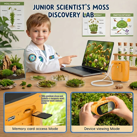 2 In 1 Kids Microscope And Telescope With 1000X Magnification Handheld Digital Microscope With 2 Inch Screen And 8 LED Lights Totally Kid Approved For Outdoor Use 10X Pocket Telescope 1080P Camera STEM Toy Gift For Boys And Girls Ages 4 To 12 Yellow, child using yellow handheld device outdoors