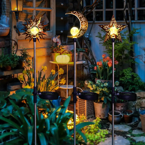 Celestial Solar Garden Stakes Set With Moon Sun Star Lights For Lawn Pathway And Flower Beds, 3 Pack Outdoor Decor