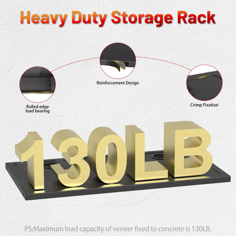 Heavy Duty Storage Rack supporting 130LB, showcasing reinforcement design and crimp fixation, with load bearing details.