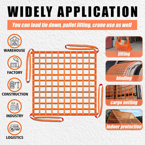 Front view of orange nylon cargo lifting net, 6.56' x 6.56', with 15 cm square holes and lifting straps.