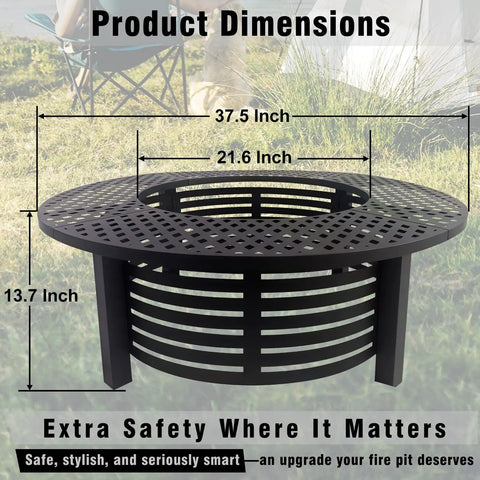 Fire Pit Surround Tabletop For Bonfire Nights, 37.5 Inch Outdoor Steel Table with measurements and protective layer.