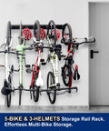 Wall Mount Bike Storage Rack For 5 Bikes And 3 Helmets, Heavy Duty Indoor Garage Organizer with bikes and helmets on display