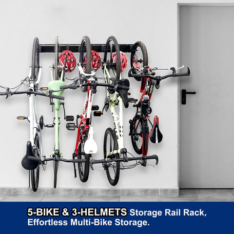 Wall Mount Bike Storage Rack For 5 Bikes And 3 Helmets, Heavy Duty Indoor Garage Organizer with bikes and helmets on display
